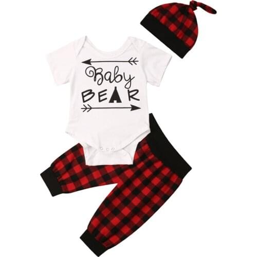 3pcs/Set Newborn Baby Boy Girls Baby Bear Print White Romper Red Plaid Arrow Pants Hat Outfit Jumpsuit Baby Kids Toddler Clothes