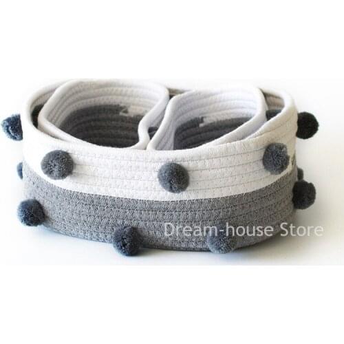 Cotton Rope Pom Pom Basket Makeup Organizer Modern Nordic Grey Stripe Cute Balls Book Cloth Toys Holder Kid Room Container