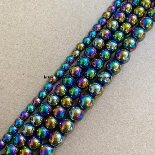 Natural Stone Rainbow Plated Hematite Round Beads 4 6 8 10 MM 15" Per Strand Pick Size