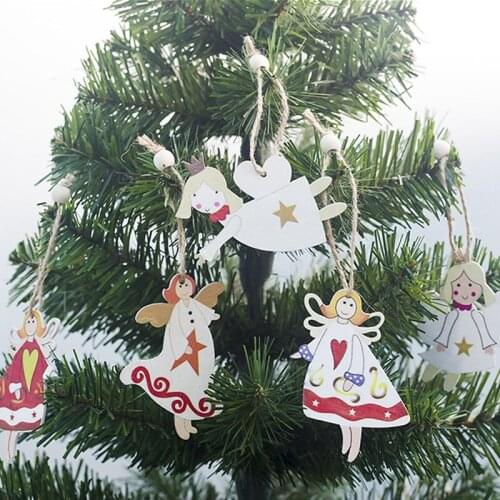 Cute Angel Wooden Christmas Ornaments Pendants Wood Crafts Hanging Xmas Tree Ornament Kids Gift Party Decoration
