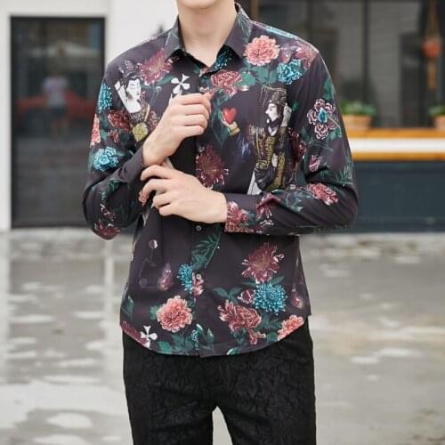 2020 Western style Latest design Handsome slim fit long sleeve shirts men Fashion Floral Printed social Casual mens shirt
