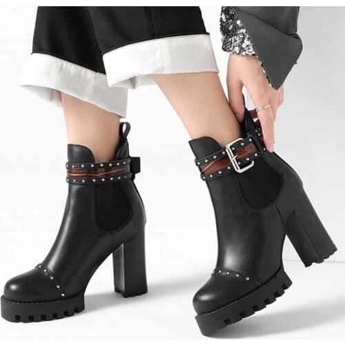 Platform Buckle Strap Handmade Genuine Leather Women Boots Super High Chunky Heels Women Shoes Round Toe Ankle Boots Mujer Botas