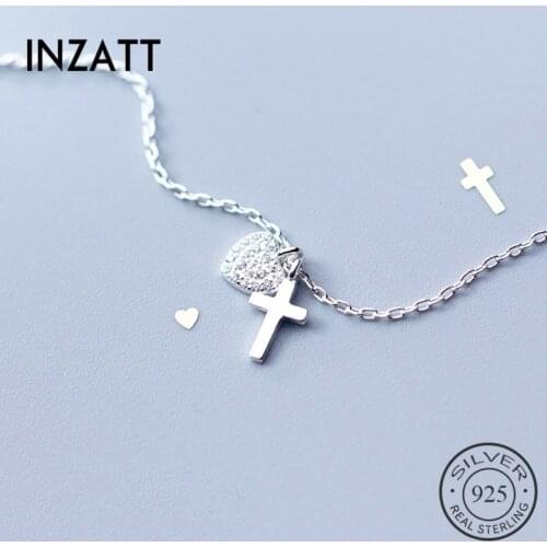 INZATT Real 925 Sterling Silver Zircon Heart Cross Pendant Choker Necklace For Fashion Women Fine Jewelry Cute Accessories 2019