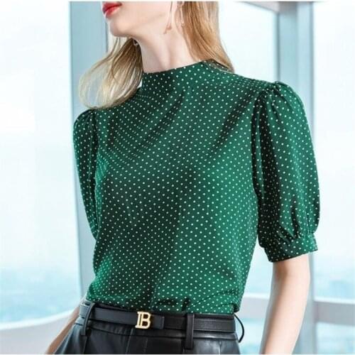 Chiffon Summer Shirts Women Wave Puff Sleeve Point Fashion Blouses French Style Stand-Up Collar Tops Blusas MM0442
