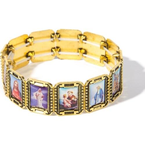 Alloy Jesus elastic Bracelet golden St images Saints Rosary Religious Bangle Woman and Man Jewelry Gift