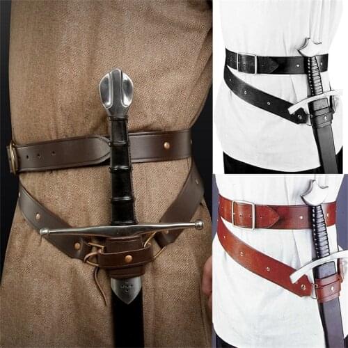 Medieval Costume Steampunk Accessories for Men Adjustable Buckle Strap Sword Holder Belt Viking Pirate Knight Cosplay PU Leather