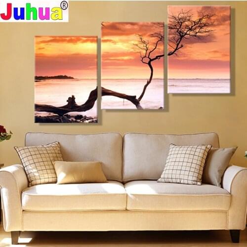 Triptych diy 5d diamond painting red tree 3 pieces full square diamond mosaic embroidery sunset landscape rhinestone decoration