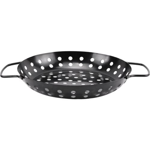 Carbon Steel BBQ Grill Pan Veggie Shrimp Round Non-Stick Pizza Tray Party