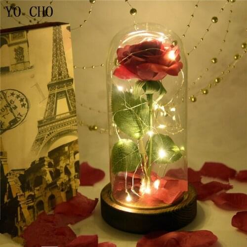 YO CHO LED Light Christmas Decor Valentine Gift 24K Gold Foil Rose Glass Cover Handmade Silk Flower Home Room Decor Scene Layout