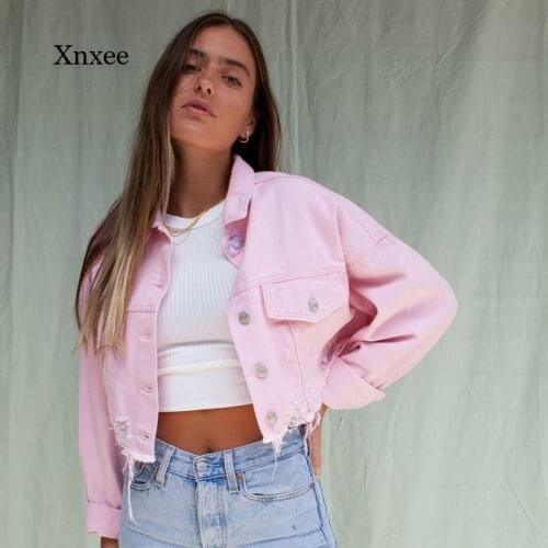 Spring and Autumn Womens Pink Denim Jacket Long Sleeve Denial Down Collar Streetwear Short Length Fall Jeans Jacket