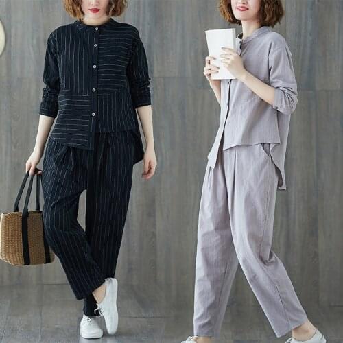 Casual Summer Striped Pants Suit Women Wild Cotton Linen Striped Shirt Harem Pant Two-piece Sets Casual Loose Suit Female Z546