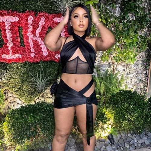 ANJAMANOR Sexy Two Piece Set Mini Skirt Halter Top Black Birthday Club Outfits for Women Summer Bandage Dress Suits D85-DZ15