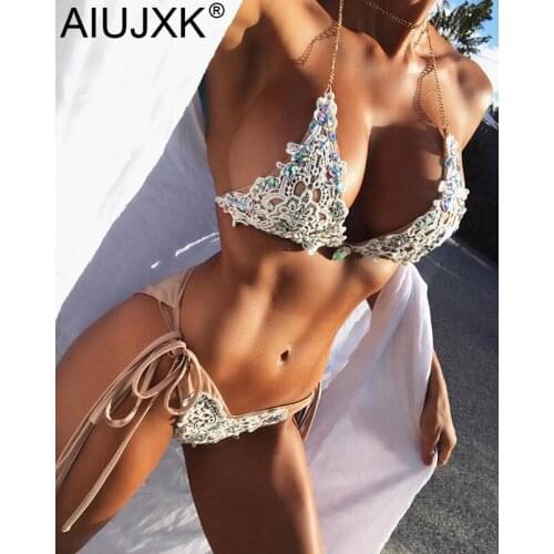 AIUJXK Fashion Rhinestone Lace Patchwork String Bikini For Women Summer Metal Strap Halter 2 Piece Swimsuit Female Sexy Swimwear