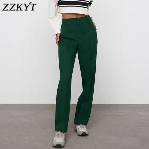 ZZKYT 2021 Women Spring Vintage Solid Suit Straight Pants Fashion High Waist Zipper Office Lady Wear Female Ankle Trousers Mujer