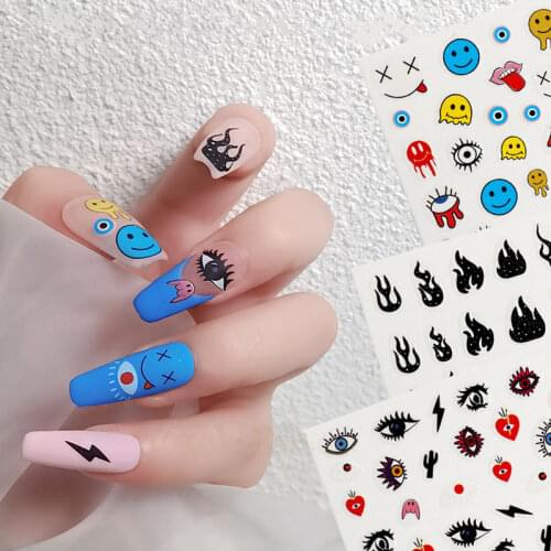 1pc Eyes Design 3D Nail Stickers Cute Smiley Face Halloween Flame Slider Decals For Nail Art Decorations