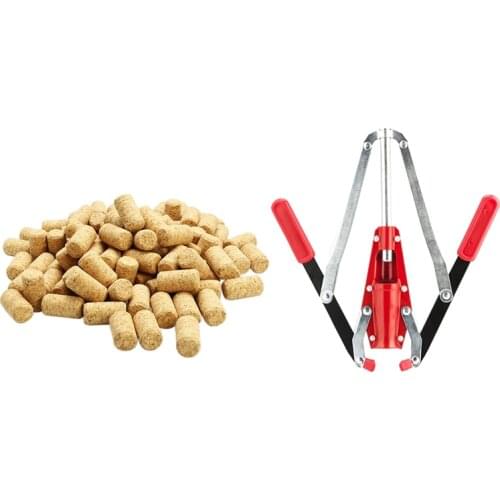 1pcs Double Lever Hand Corker Wine Bottle Corker with 2 Handled Corking & 100Pcs Straight Wood Corks Wine Stopper Wood Bottle St