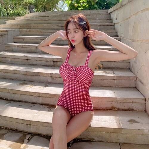 2021 Fashion Ladies' Small Fresh Plaid One-piece Swimsuits Are Thin, Cover Belly, Small Breasts Gather Sexy Steel Ring Swimwear