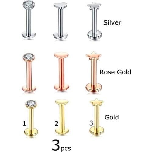 3pcs Lip Labret Piercing Cartilage Earrings Tragus Stud
