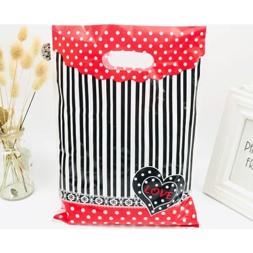 50pcs Black Stripe Red White Dot Plastic Gift Bag 25x35cm Clothes Jewelry Packaging Bag Big Plastic Shopping Bags With Handle