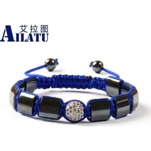 Ailatu Black Helmatite Stone Square with Clear Cz Ball Beads Macrame Braiding Bracelet for Mens's Gift