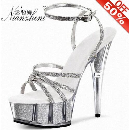 Flash powder Bling Roman Hollow Womens sandals 15cm High heeled shoes Silver Thick platform Crystal 6 inches Nightclub Stripper