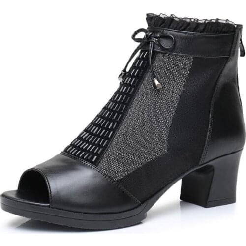 2020 New Summer Rhinestone Bow Mesh Genuine Leather Sandals Cool Boot Sandals Fashion Fish Mouth Women Sandals High Heel Sandals