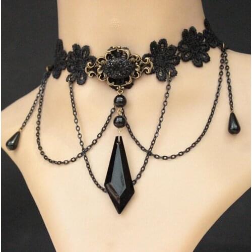 Black Daisy Lace Choker With Large Bead Drop