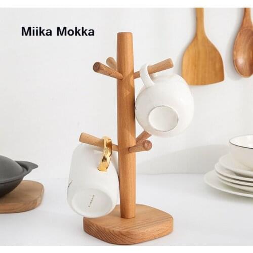 Wooden Coffee Tea Cup Rack Storage Holder Stand Home Kitchen Mug Hanging Display Drinkware Shelf with 6 Hooks