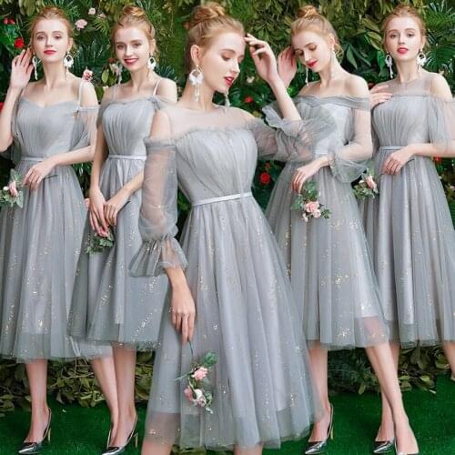 Bridesmaids Dresses Short A-Line Off The Shoulder O-Neck Sequined Pleat Sashes Lace Tulle Gray Wedding Party Gown For Women E067
