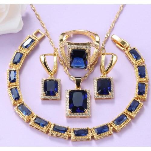 Dubai Gold-Color Jewelry Sets For Women 2020 New Fashion Accessories Blue Cubic Zirconia Earrings And Necklace Bracelet Ring Set