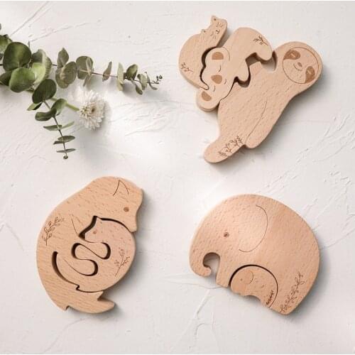 1Set Baby Montessori Toy Wood Cartoon Animals Elephant Fox Puzzle Learning Educational Wooden Toys Geometric Shape Puzzles Toys
