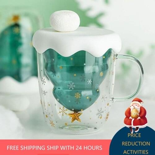 Creative Transparent Double Anti-Scald Glass Tree Star Coffee Milk Juice Cup Children Christmas Gift 2021 New Year Decorations