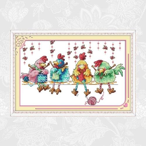 The Chicken Knitting a Sweater Paintings Cross Stitch Printed Canvas DIY Handmade Embroidery Needlework Cotton Thread Crafts