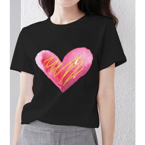 Summer Womens T-shirts Harajuku Style Love Heart Pattern Series Female Tops High Quality Black Print O-Neck All-match Tee Shirt