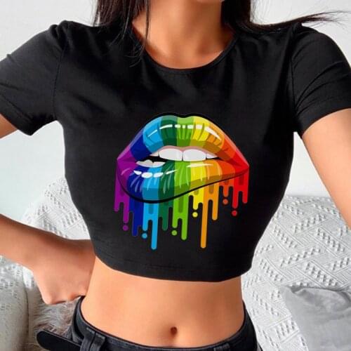 Summer Fashion Shirt Red Lips Graphic T Shirts Women Crop Tops O-neck Black Tee Funny Vintage Girls Tshirt Casual Short Sleeve