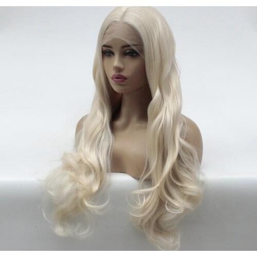 Platinum Blonde Lace Front Wig Natural Long Wave White Color Synthetic Wigs Middle Parting Heat Resistant Fiber Cosplay Hair