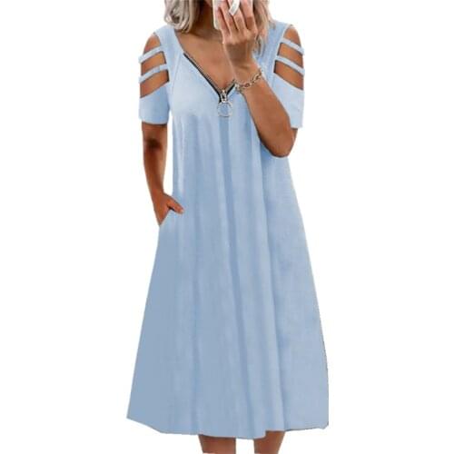 Women Casual Comfy Zipper V Neck Elegant Mid Dress Summer Loose Hollow Out Short Sleeve Solid Color Pocket Dress Plus Size