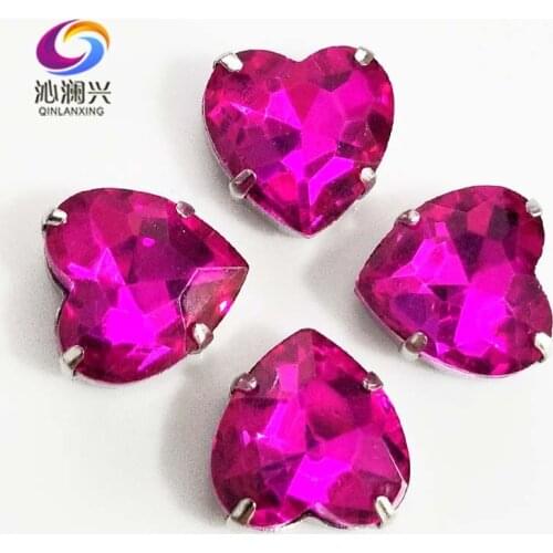 Rose red heart shape top quality Glass Crystal claw rhinestones,sew on stone with holes for Diy Clothing accessories SWH09