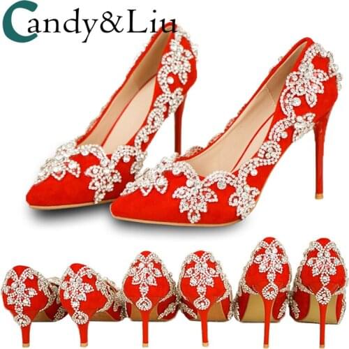 Cyrstal Wedding Pumps Red Flock Handmade Rhinestone Women Shoes Pointed Toe Slip-on Thin Heel for Party Banquet Evening Dress