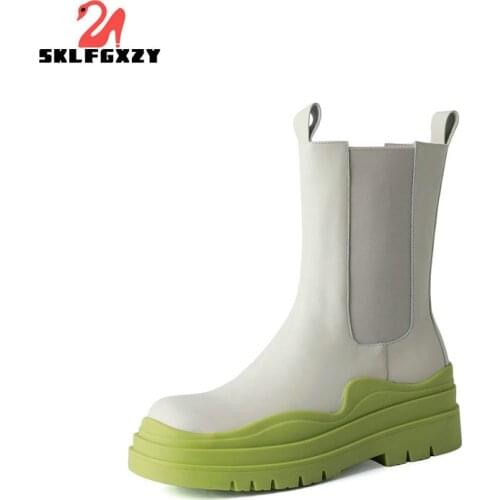 SKLFGXZY Winter Luxury Brand Gothic Streetwear Genuine Leather Women Shoes Thick Sole Platform Chunky Heels Chelsea Ankle Boots