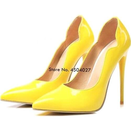 Yellow Patent Leather Pointy Toe Stiletto Women High Heels 10cm 12cm Pumps Dress Wedding Party Shoes Zapatos