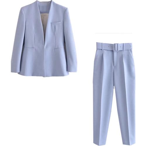 Za Women Blazer Set Jacket Suit With Belt Pant Suit High Waist Trousers Sashes Pocket Office Ladies Fashion Blazer Coat 2021 Trf