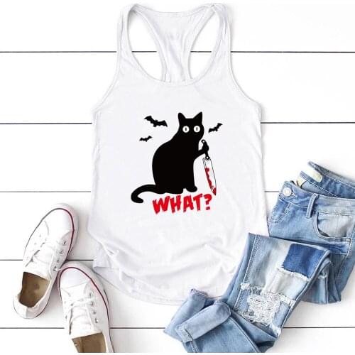 Women Sleeveless Summer Graphic Vest Crew Neck Tank Tops Loose Female Gothic Cat Knife Bats What Printed Tank Top