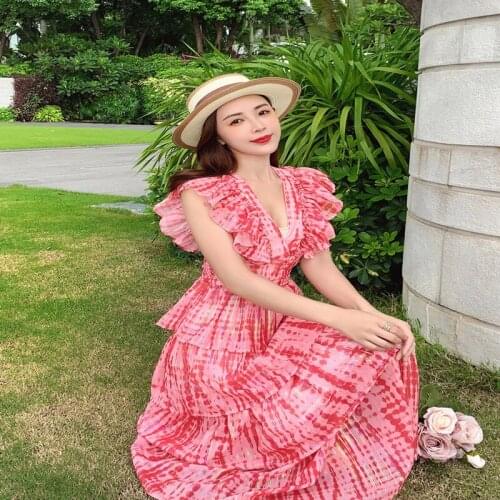 Luxury Designer Summer Long Dress 2021 New Lotus Leaf Short Sleeve Womens Sexy Backless Cake Holiday Dress