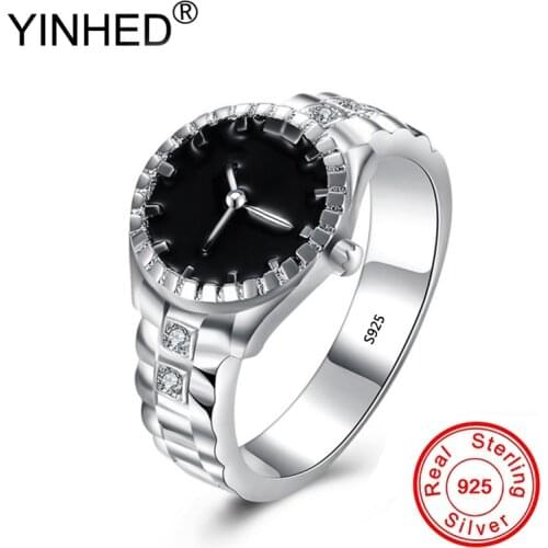 YINHED New Fashion Lovers Ring Black Enamel Watch Style Cubic Zircon Ring for Women Sterling 925 Silver Jewelry Gift ZR618