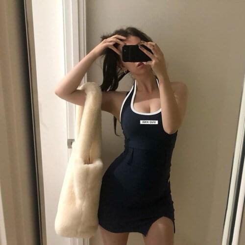 Women Fashion Letter Printed Slim Mini Dress Halter Low-Cut High Waist Wild Casual Streetwear Split Hem Fitting Pencil Dress