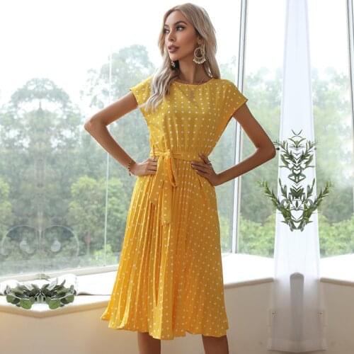 2021 Decent Summer Dress Polka Dots Short Sleeve Pleated Maxi Dresses Long Party Clothing Women Midi Elegant Office Lady Evening