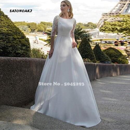 Boho A-Line Wedding Dress O-Neck 3/4 Sleeves Pearls Beading Lace-Up Princesa Bridal Gown Robe De Mariée Vestidos Sukienki France