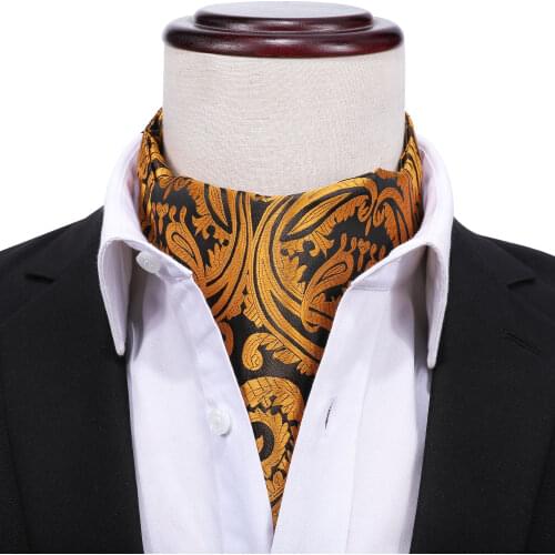 Gold Ascot Ties For Men Silk Scarf Tie Suit Paisley Mens Necktie Jacquard Set Pocket Square Cufflinks Barry.Wang AS-003