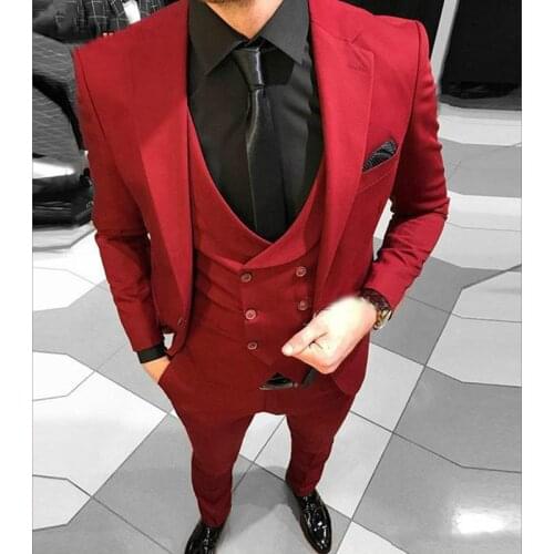 2021 Tailor Made Fashion Elegant Style Red Slim Fit Men Suits Groom Tuxedo For Wedding Dinner Party 3 Prc (Jacket+Vest+Pants)